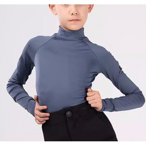 Boys kids black green grey latin dance shirts for children white turtle neck long sleeves waltz tango ballroom dancing tops for Boys