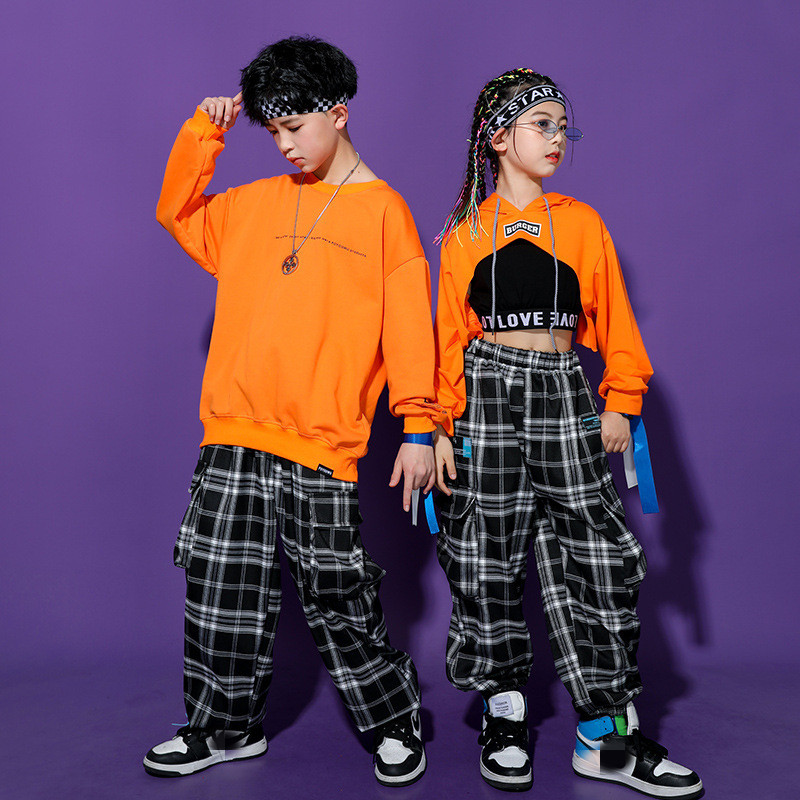 Children boys girls plaid orange hiphop rapper street dance clothes  long-sleeved navel-baring jazz dance