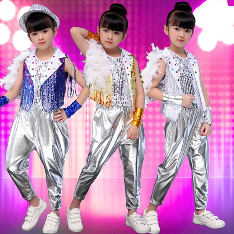 Children\'s silver royal blue sequined hip-hop jazz dance costumes