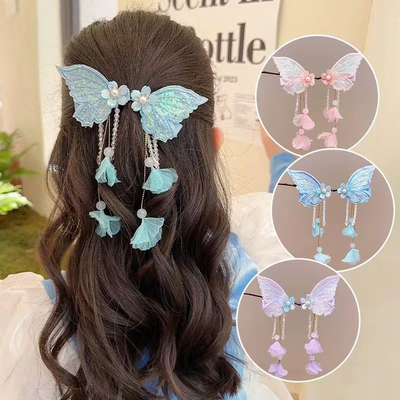 Children girls antique butterfly hairpin fairy chinese princess hanfu headdress Chinese wind girl fairy tassel hairpin costume girls hair accessories