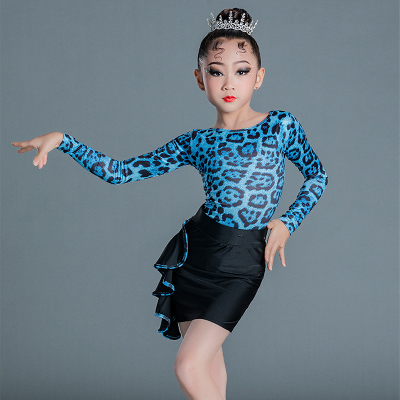 Children Girls kids blue silver leopard professional Latin dance dresses  child latin dance costume Leopard print split suit training suit