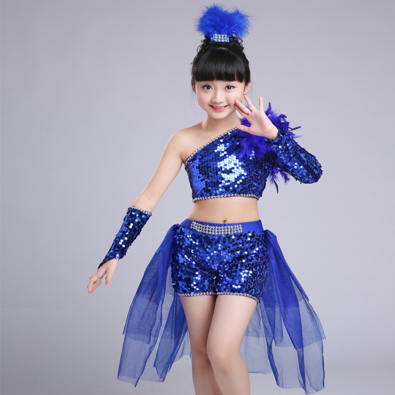 Children Sequined Feather Royal Blue Red Modern Jazz Dance