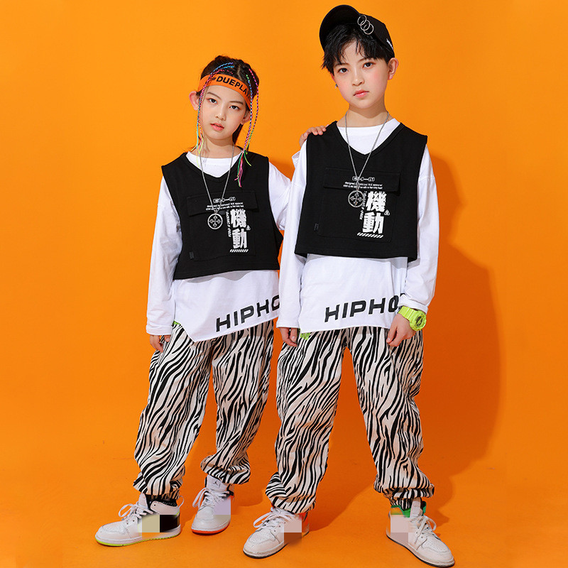 Modern Hip Hop Dance Clothes For Kids Girls Kpop Outfit Pink Sleeves  Cropped Vest Concert Jazz Performance Stage Costume size 130cm Color Pants