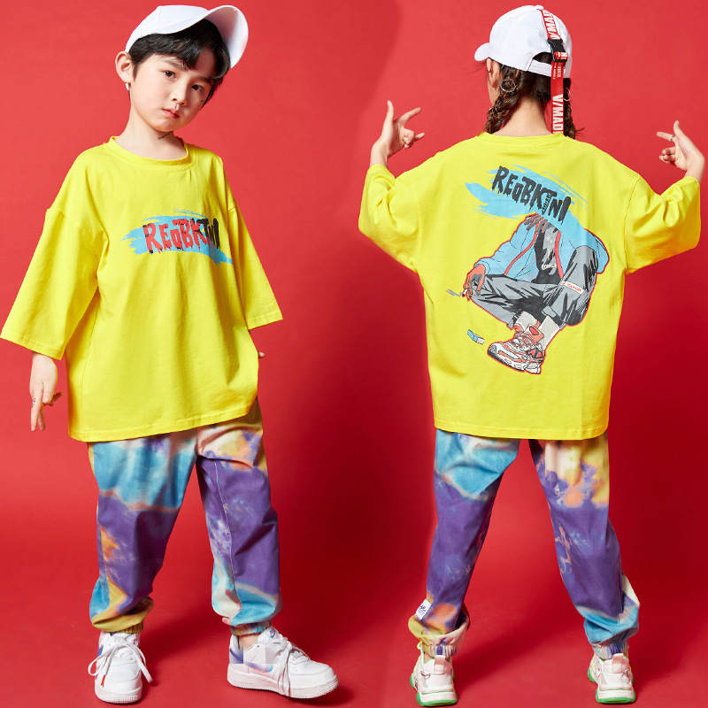 Children's girls boys yellow rainbow rapper hip-hop hiphop street dance  outfits trend jazz dance costumes gogo dancers drummer stage performance  suit