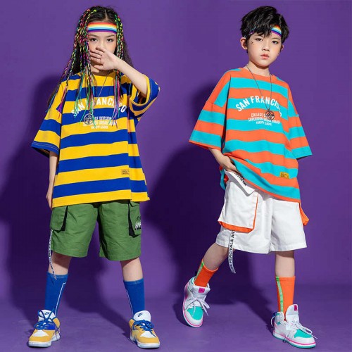Children's yellow striped hip-hop jazz dance costumes boys short ...