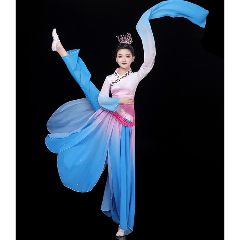 Chinese folk classical dance costumes for women girls blue gradient Water  sleeve caiwei jinghong dance dresses elegant traditional fan umbrella