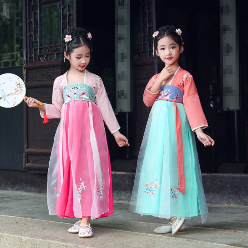 Chinese Folk Dance Dresses For Kids Girls Children Pink Blue Colored Hanfu Drama Cosplay Fairy Dress Photography Show Performance Dress Material Spandex And Tulle Fabric Not Stre