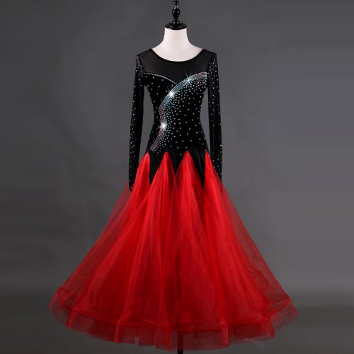 Little Croaker Burgundy Black Spaghetti Strap Long Ballroom Dance Dress for Women Waltz Dress Dance Clothes Tango