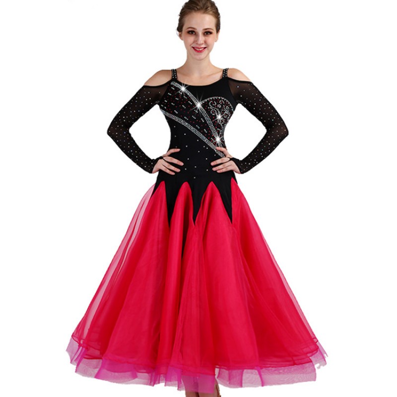 Competition ballroom dresses for women girls competition big skirted long length black and fuchsia professional waltz modern dress