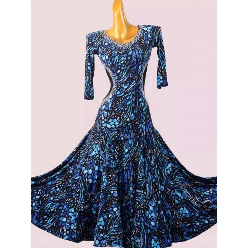 Custom size blue floral printed ballroom dance dresses for women girls waltz tango foxtrot smooth rhythm dancing long skirts for female