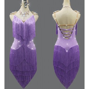 Custom size girls women light purple lavender latin dance competition dresses with diamond tassels rumba salsa ballroom performance costumes for female