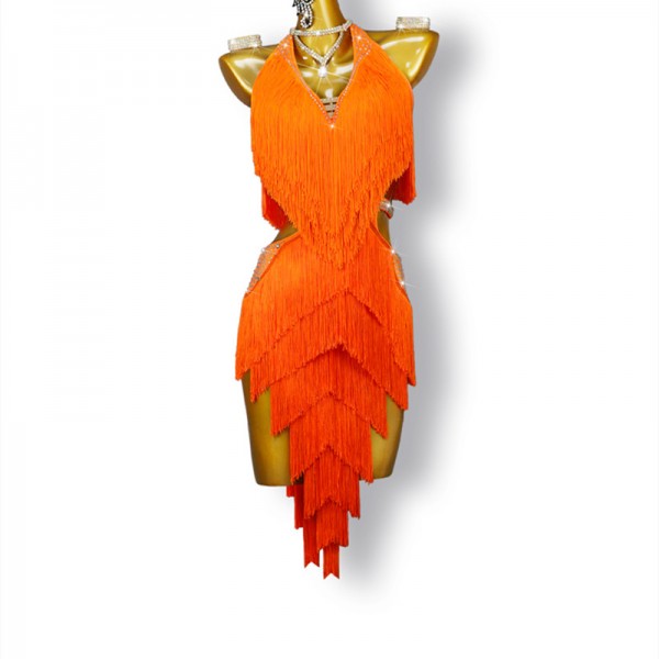 JRUIA Women's Beaded Latin Dance Dress Gradient Color Cha Cha Costume  Tassel Tango Performance Dance Wear Skirt for Rumba,Orange,M : :  Clothing, Shoes & Accessories