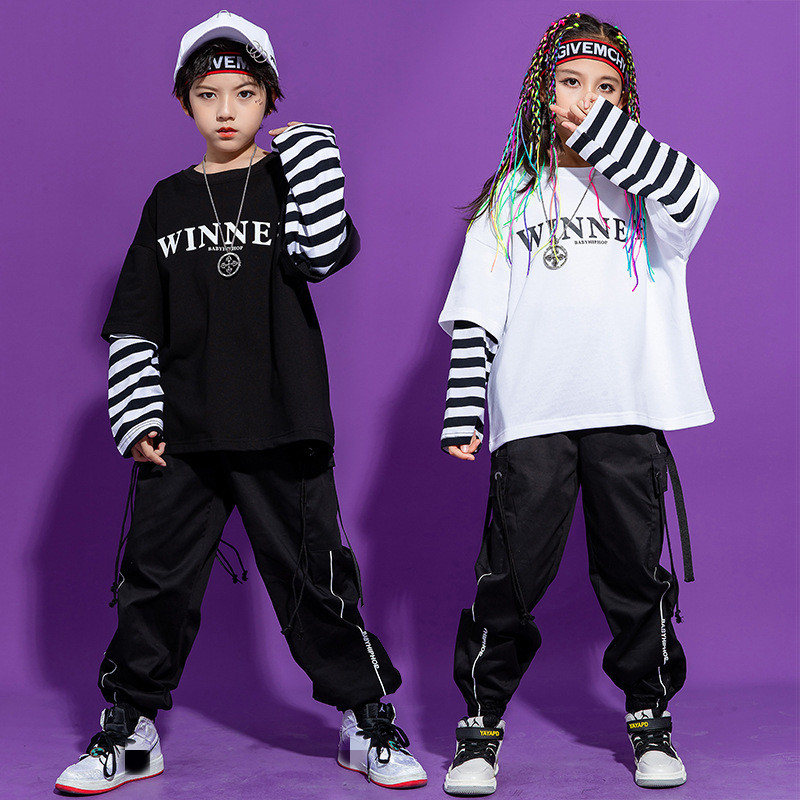 Children girls boys white striped hip-hop street jazz dance costumes ...