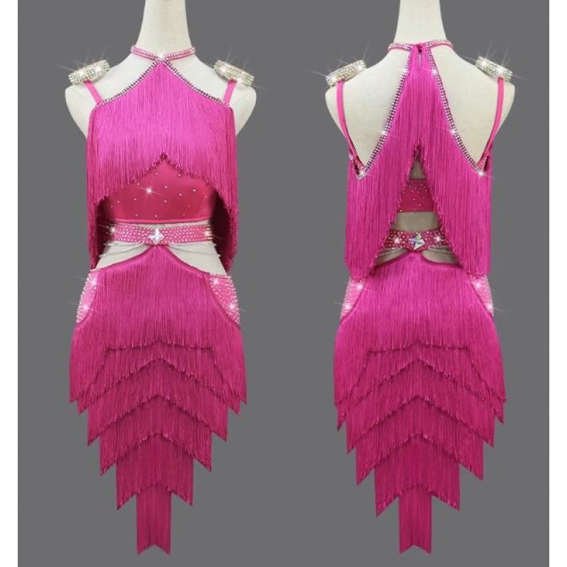 Gold red black turquoise blue fuchsia hot pink fringes sequins paillette  strap women's girls competition stage performance latin salsa cha cha dance  dresses skirts outfits