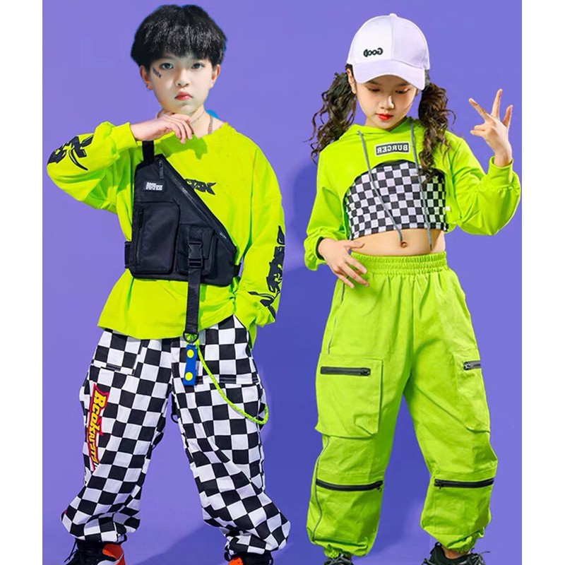 girls boys green with black rapper hiphop street jazz dance costumes ...