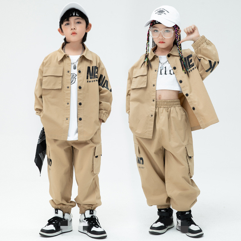 Children's jazz street hiphop rapper dance costumes boys hip-hop suits  girls white with blue printed color loose dance practice clothes trendy  clothes