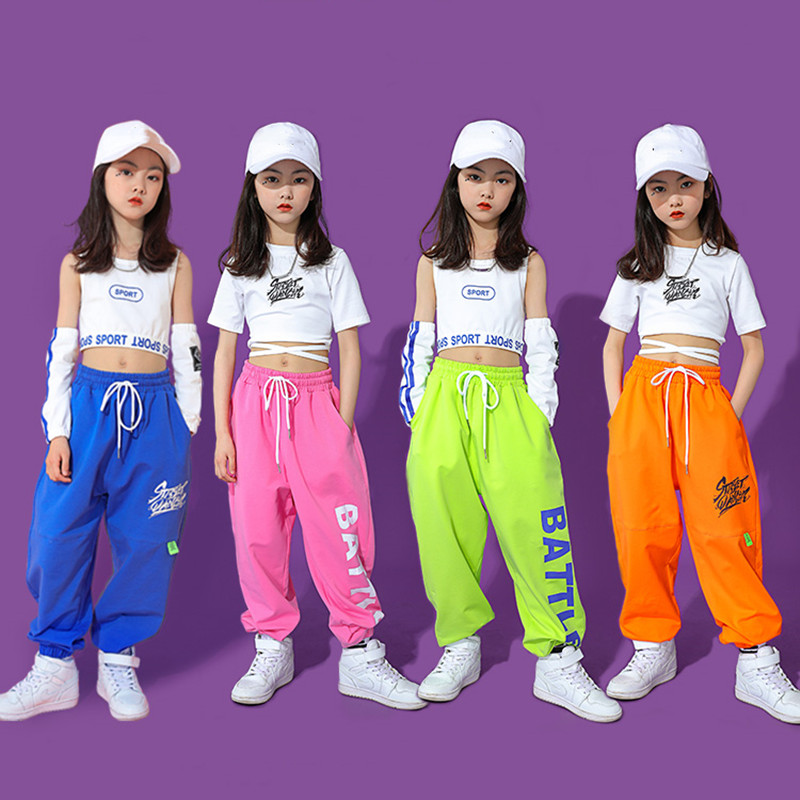 Summer Girls Jazz Dance Clothes Pink Crop Tops White Cargo Pants Hip Hop  Performance Costume Jazz Street Dance Wear Rave size 130cm Color Only Pants