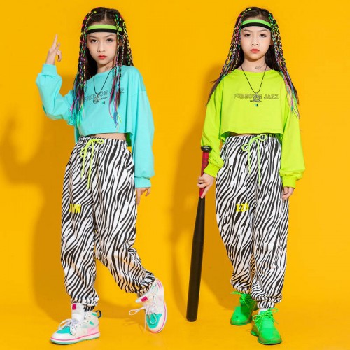 Girls  hiphop rapper singer street jazz dance costumes  for kids baby zebra pants children's jazz dance suit children drummer performance clothing hip-hop dance outfits