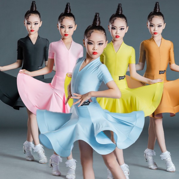 Girls kids competition Latin Dance Dresses for children blue pink black  yellow latin ballroom dance costumes modern dance rumba salsa dance skirts