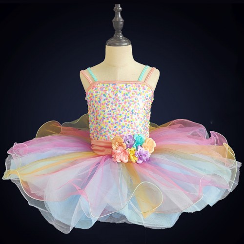 Girls kids Rainbow Sequins Ballet Dance Dresses Colorful Tutu