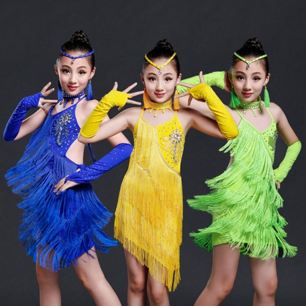 Kids girls pink with royal blue fringes latin dance costumes tops