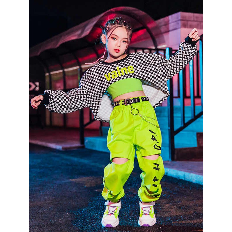 Kids Kpop Hip Hop Dance Outfit Girls Green Long Sleeves Street
