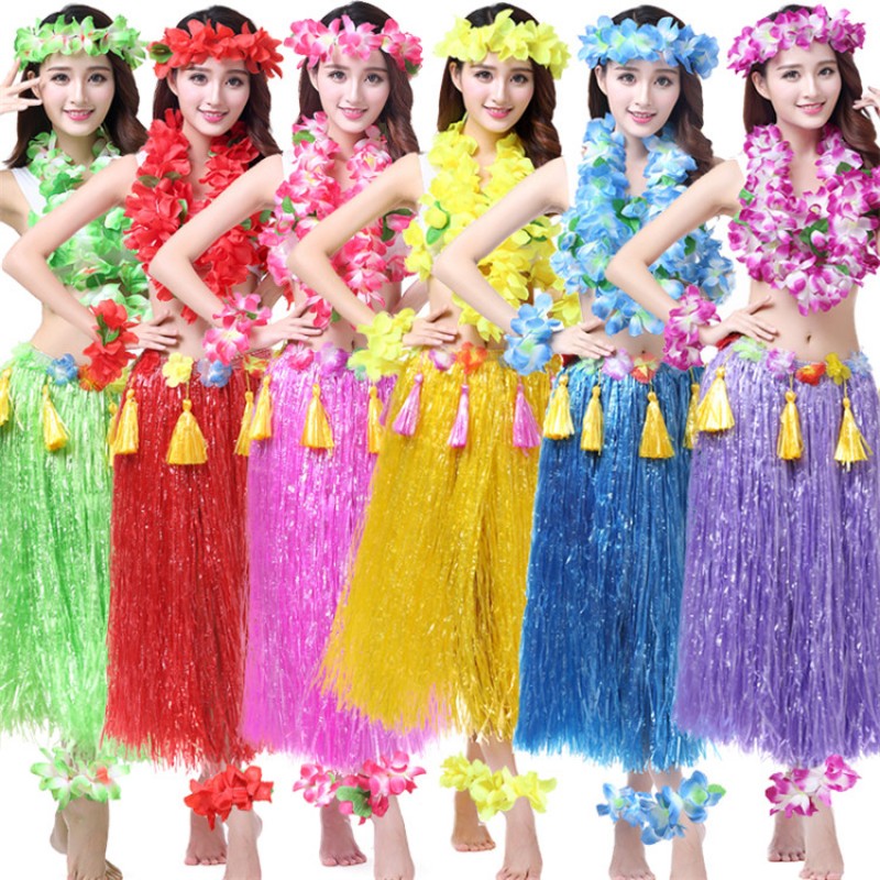 girls Woman Hawaiian Hula dance thickened grass Skirts Hula Grass costumes  beach party performance costumes - Material polyesterContent : Head flowers  and two hand flower