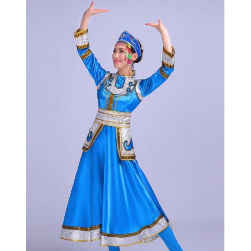 Sky blue red folk dance cosplay stage performance Dance clothes Costume  Mongolian gowns dress- Material:PolyesterContent : Only dress ( no other  acce