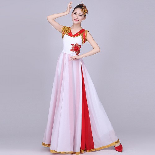 Women Red white Younger Chinese Folk Dance Costumes Chinese Fan Dance  Costumes- Material:PolyesterContent : Only dress Size: Size(