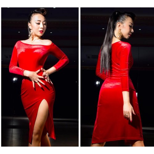 Latin Dance Dress Women velvet long sleeves Feminina Ballroom