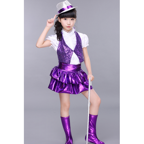 New Children Jazz Costume Girls Modern Dance Clothes Cropped Purple Tops  Black Hip Hop Pants Catwalk Street Dance Outfit size 170cm Color Scarf