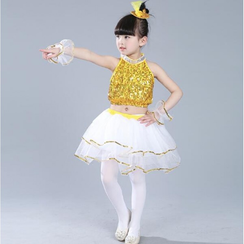 Gold yellow sequined modern dance singers girl\'s kids children school ...