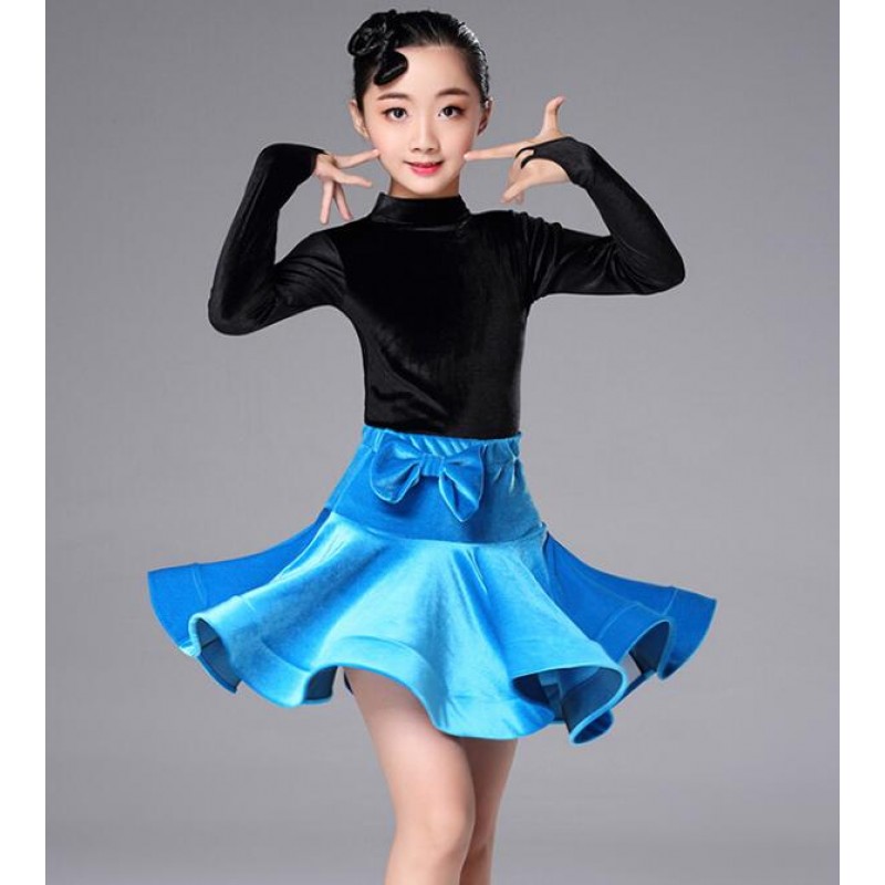 Velvet long sleeves girls latin dance dresses children kids stage ...