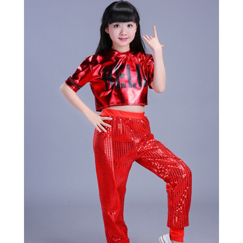 Modern dance hiphop outfits for girls kids children stage red pink gold ...