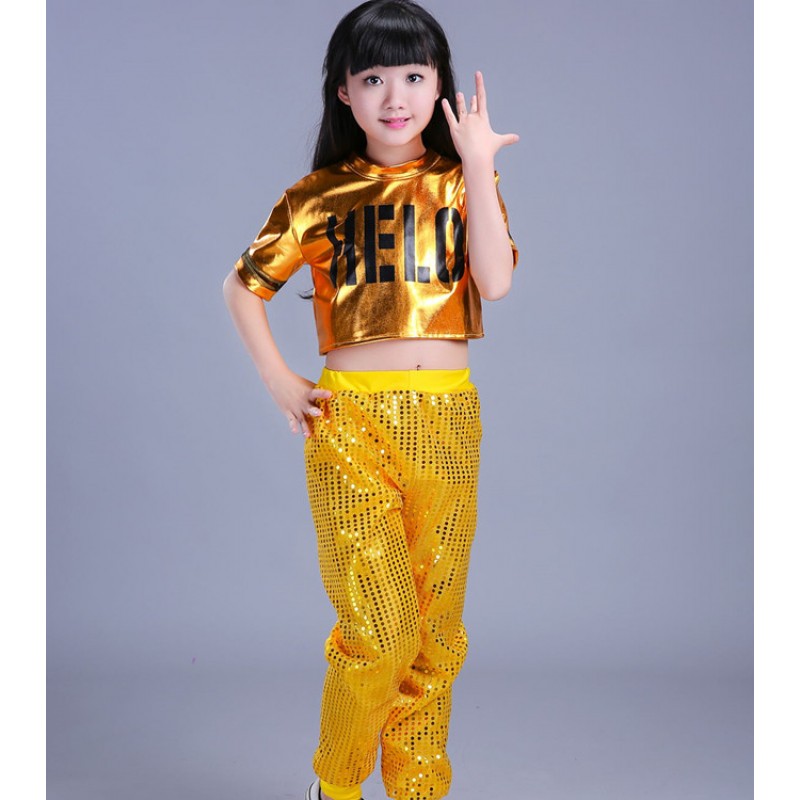 Modern dance hiphop outfits for girls kids children stage red pink gold ...