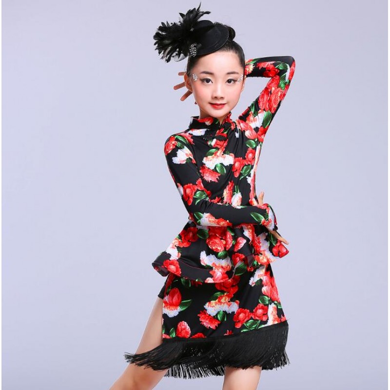 Girls floral latin dress kids children pink black printed long sleeves competition performance latin ballroom dance dresses