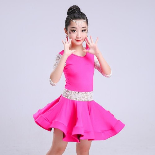Girls latin dress competition stage school performance pink black lace ...