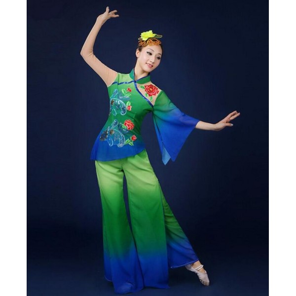 Green fan dance costume dance costumes dress chinese dance costumes folk  dance costumes- Material:PolyesterContent : Top and pants ( no other accesso