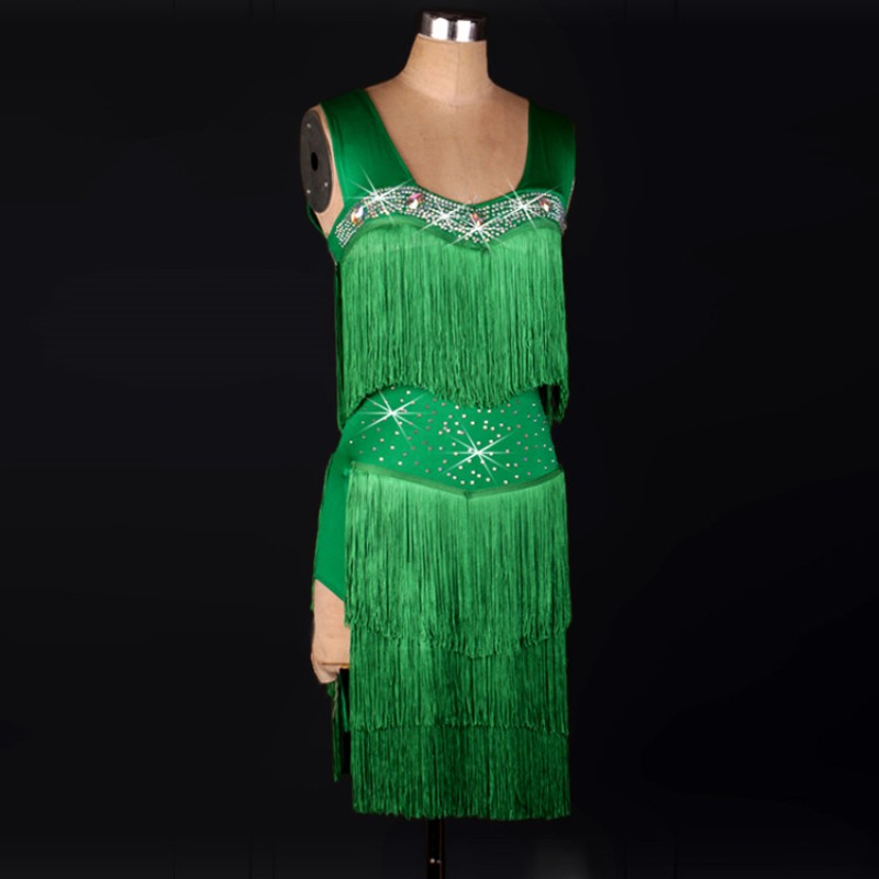 Dark green rhinestones competition latin dance dress for women feather  irregular bling skirts stage performance modern dance latin rumba salsa  dance costumes- Material: microfiber and spandex Content: only dress wi