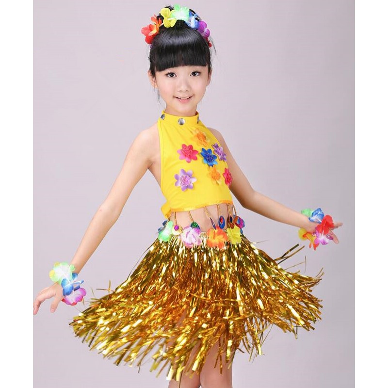 Hawaiian Grass Skirt Kit Hula Mini Skirt /top Party Dress Costume Event &  Party Supplies Gift for Girls Belly Dance Skirt- Material : sequin fabric  and microfiberContent : O