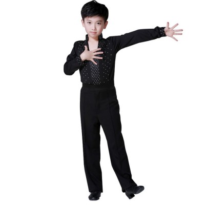 Hot Sale Boy Latin Dancewear White Black rhinetones  Ballroom Stage Modern Boys Latin Dance Costumes Clothes sets