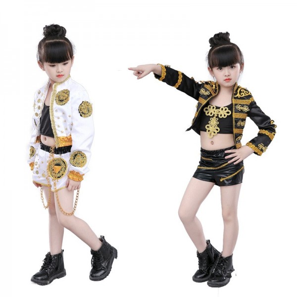 Kids Hiphop Dance Outfits For Children Girls White Black Modern