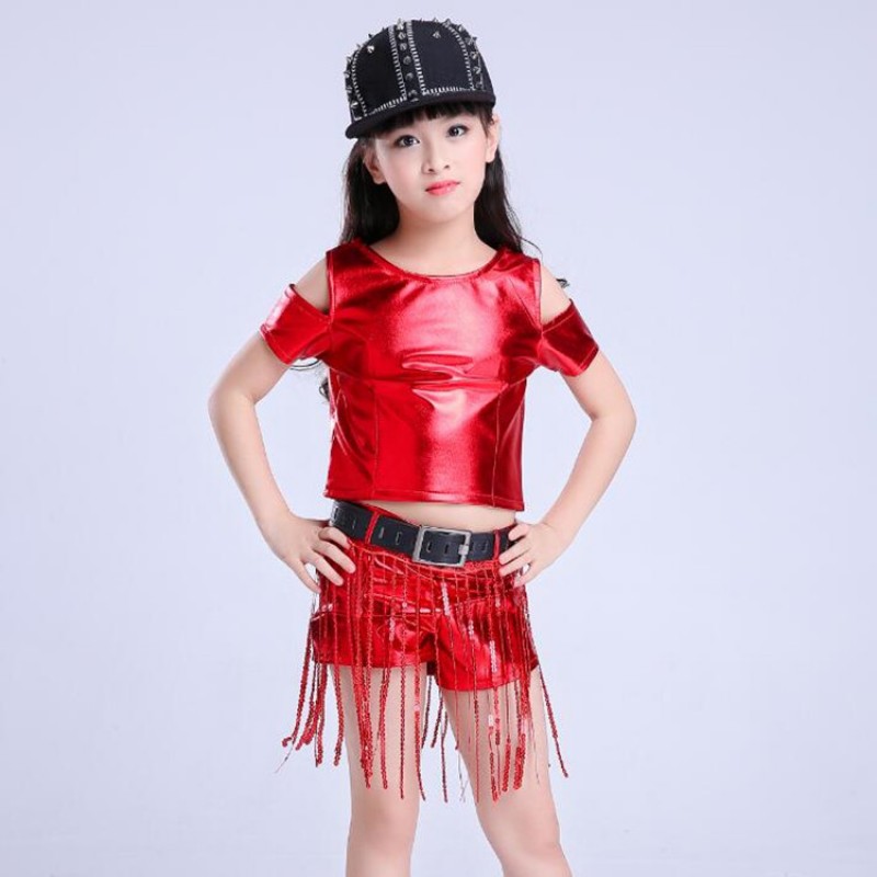 Kids Jazz Street Dance Hiphop Dance Outfits For Girls Red Gold