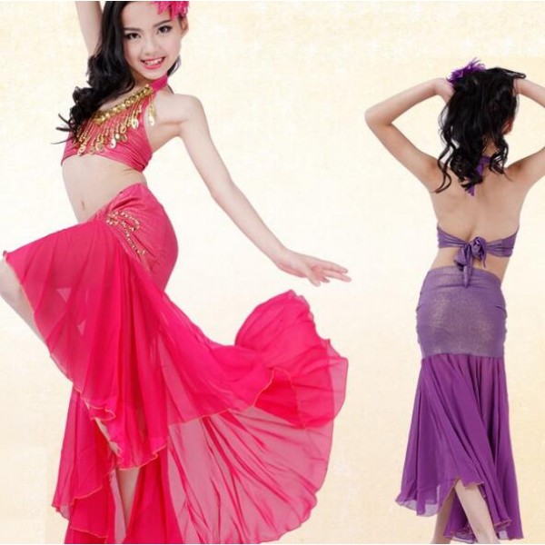 new children fishtail belly dance set good quality purple/yellow/red Girls  Indian/Egypt dance costume for performance dresses