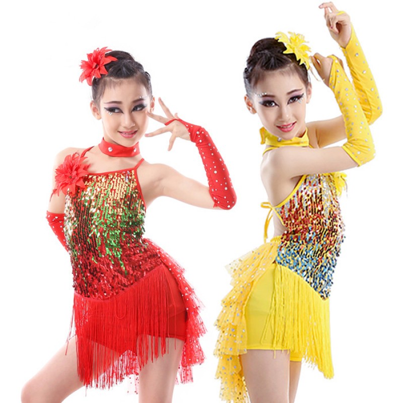 Red yellow Latin Dancing Dress Girls Performance Tassels Sequins Latin Dance Costumes Size 120-160CM