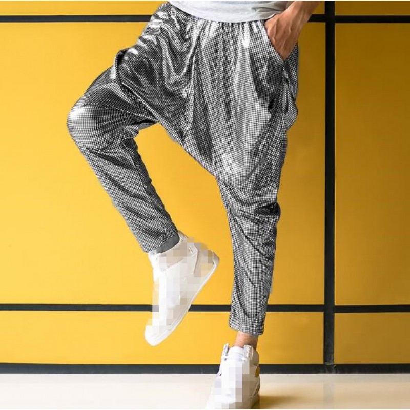 Silver black white men\'s pants DS costume jazz dance street dance pants  Hip hop and performance stage dance haroun pants- Material : glitter  fabricContent : Only pants( no other