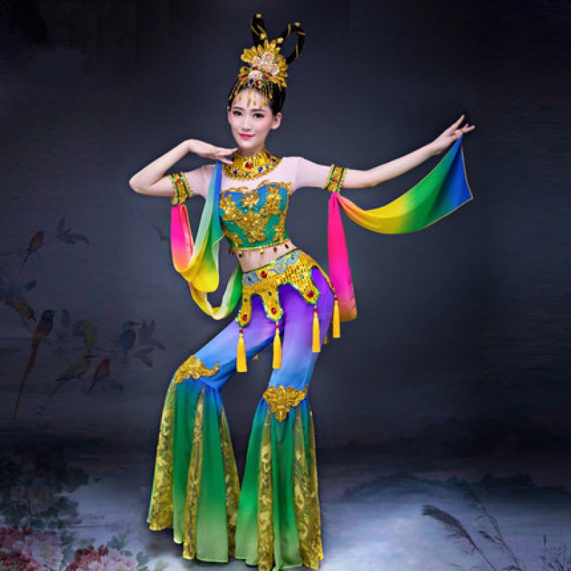 Violet Green Traditional Chinese Dance Costumes Women Fairy Folk Dance Costume National Costume For Woman Fan Clothing Performance W00485 800x800 