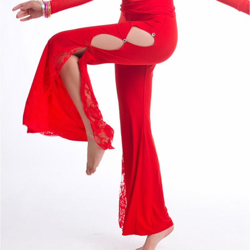 Black red Professional Belly Dance Flank Openings Lace Trousers Pants ...