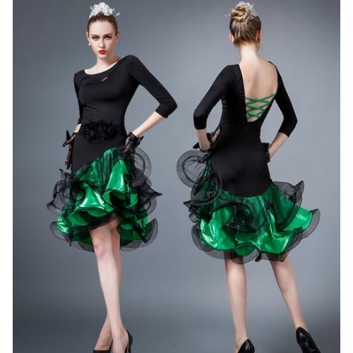 long black leopard green Latin Dance Dress latin dress Tango Dress Rumba  ChaCha latin dresses woman zym 2263