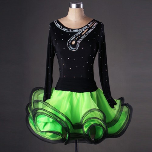 Black red fuchsia patchwork turquoise rhinestones competition long sleeves performance latin salsa ballroom dance dresses